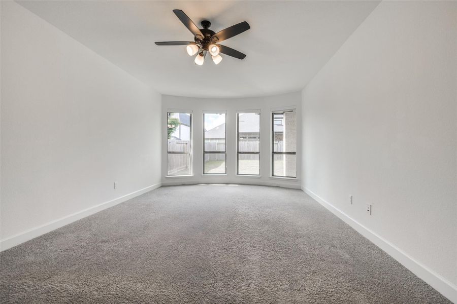Beautiful Primary Suite with wall of windows that look out to the back yard. Blackout blinds, carpet, ceiling fan