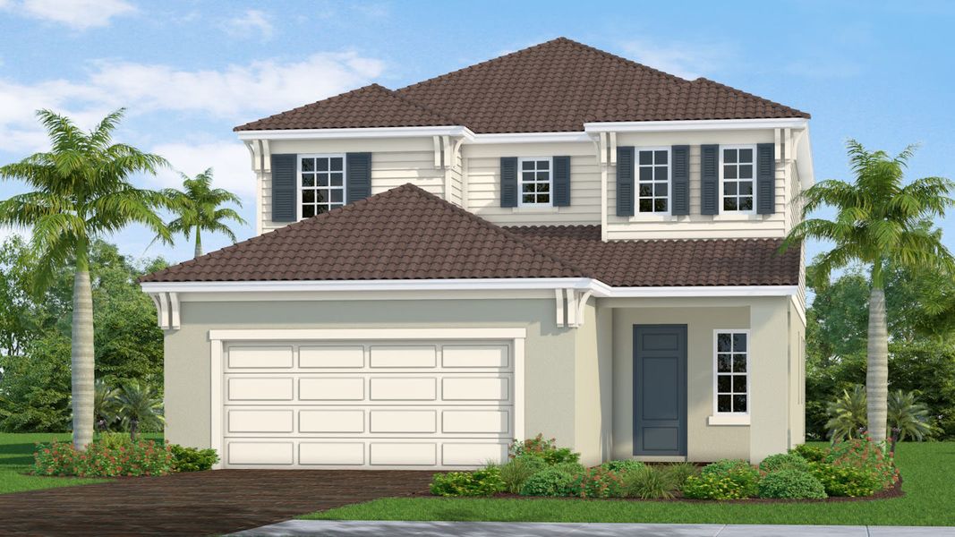 Front exterior of a new home in Windward, Lakewood Ranch, FL, highlighting curb appeal (Image 6). Front exterior of a new home in Windward, Lakewood Ranch, FL, highlighting curb appeal (Image 6).