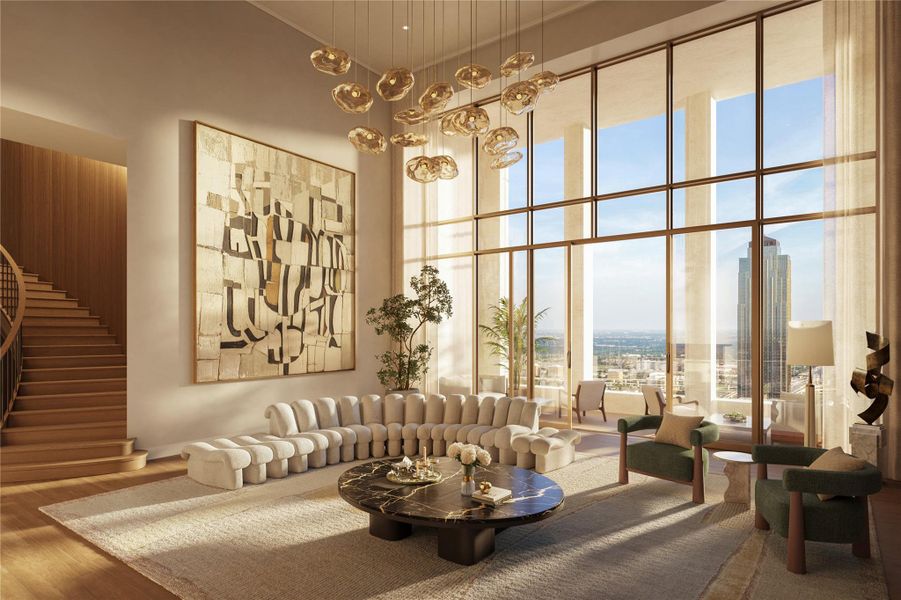 Step inside this grand two-story residence featuring dramatic 20-foot ceilings and expansive floor-to-ceiling windows with stunning city views. Elegant 8-inch straight-plank flooring flows throughout the home. Thoughtfully divided across two levels, the layout offers excellent separation of spaces, creating a highly livable floorplan with privacy and functionality throughout. This residence features five bedrooms, six full bathrooms, and two powder baths, along with dedicated living spaces and a laundry roo
