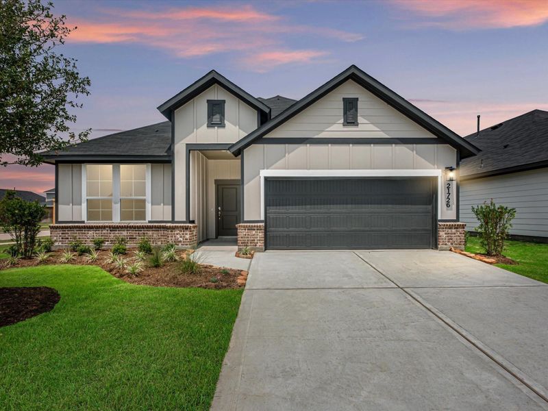 Front exterior of a new home in Mason Woods, Cypress, TX, highlighting curb appeal (Image 1). Front exterior of a new home in Mason Woods, Cypress, TX, highlighting curb appeal (Image 1).