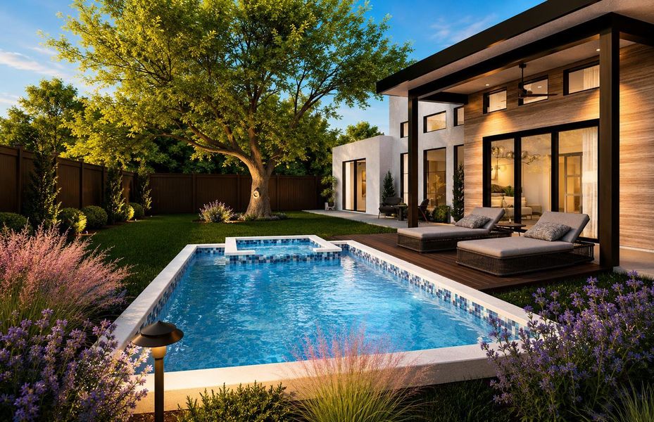 A modern oasis awaits with a sparkling pool and spa, nestled alongside a private deck perfect for relaxation. A modern oasis awaits with a sparkling pool and spa, nestled alongside a private deck perfect for relaxation.