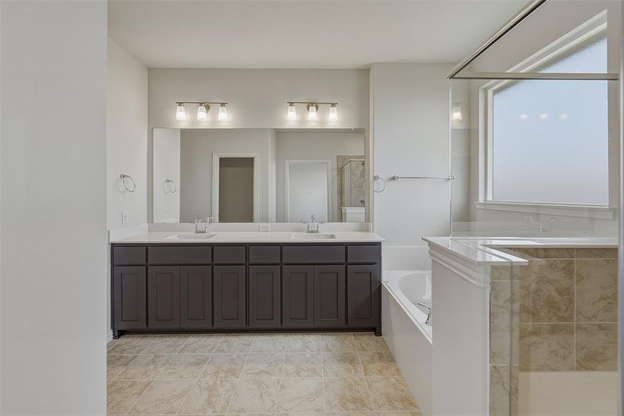 Vanity area featuring a dual sink vanity with dark cabinetry and a white countertop Vanity area featuring a dual sink vanity with dark cabinetry and a white countertop