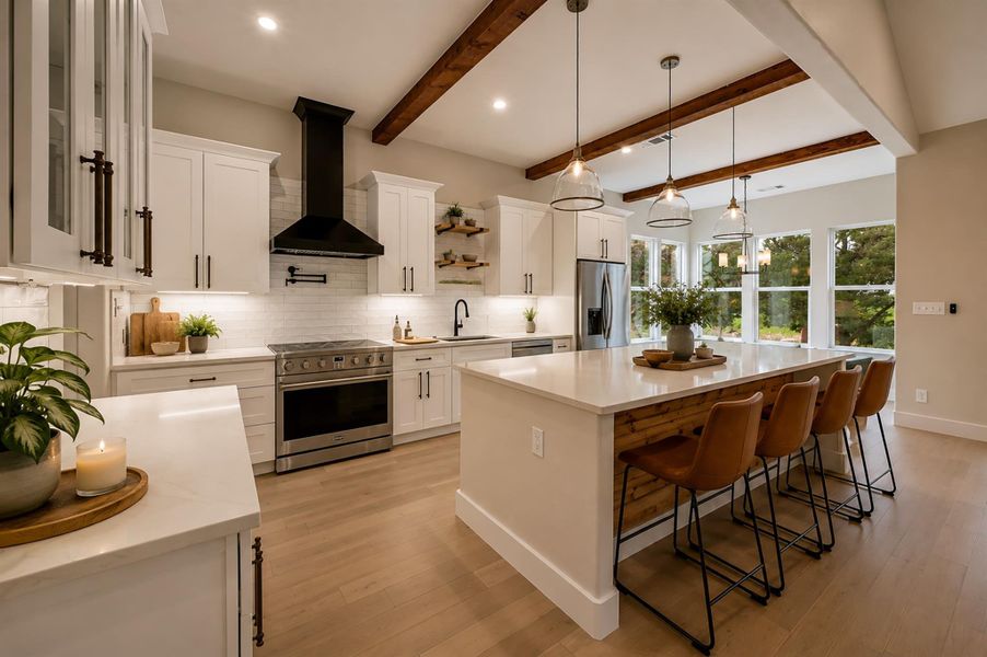 Exposed wood beams and a large center island define this bright, open kitchen. Virtual Staging. Exposed wood beams and a large center island define this bright, open kitchen. Virtual Staging.