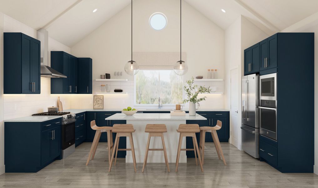 Kitchen with vaulted ceiling and pendant lighting