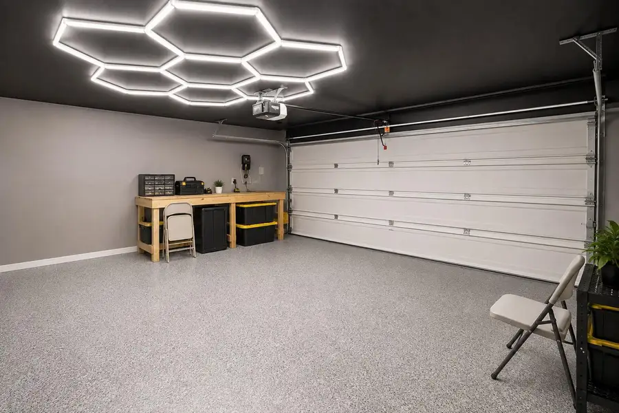 A well-organized garage with speckled flooring, a sturdy workbench, and a modern hexagonal ceiling light fixture. A well-organized garage with speckled flooring, a sturdy workbench, and a modern hexagonal ceiling light fixture.
