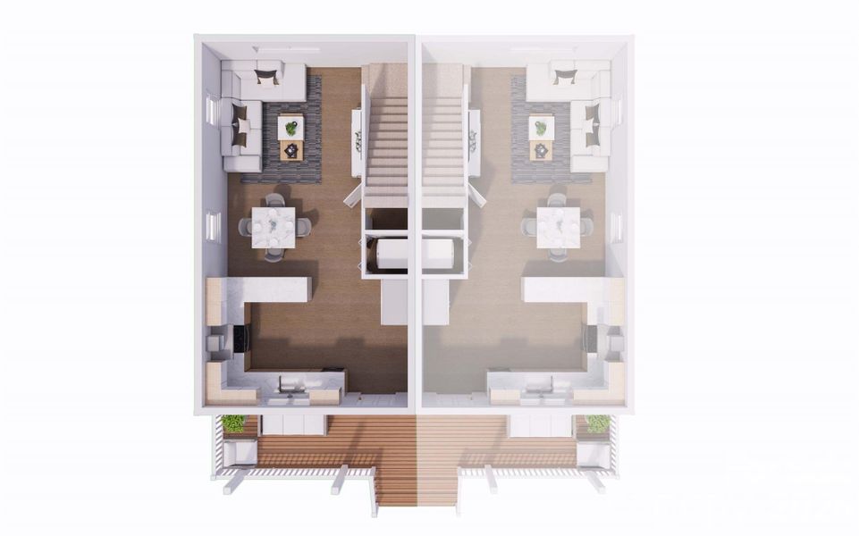 Downstairs feat. porch, open kitchen, dining, and living room