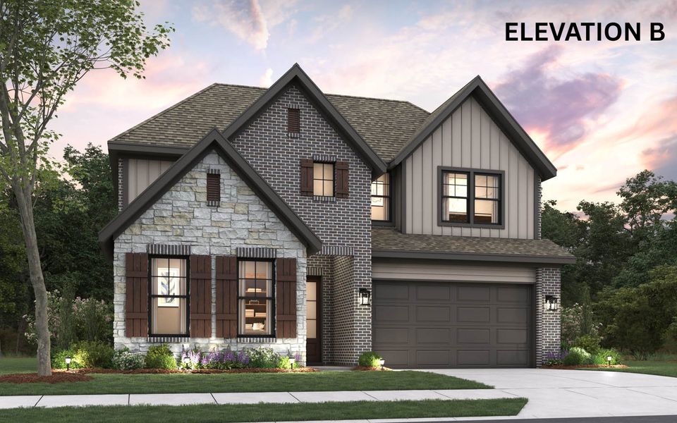 Representative exterior photo of a completed home built from the Becker by Cambridge Homes in Ribbonwood, Aubrey, TX (Image 6). Representative exterior photo of a completed home built from the Becker by Cambridge Homes in Ribbonwood, Aubrey, TX (Image 6).