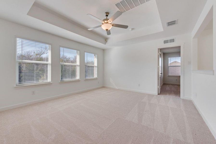 Unfurnished room with a raised ceiling, light carpet, and a ceiling fan Unfurnished room with a raised ceiling, light carpet, and a ceiling fan