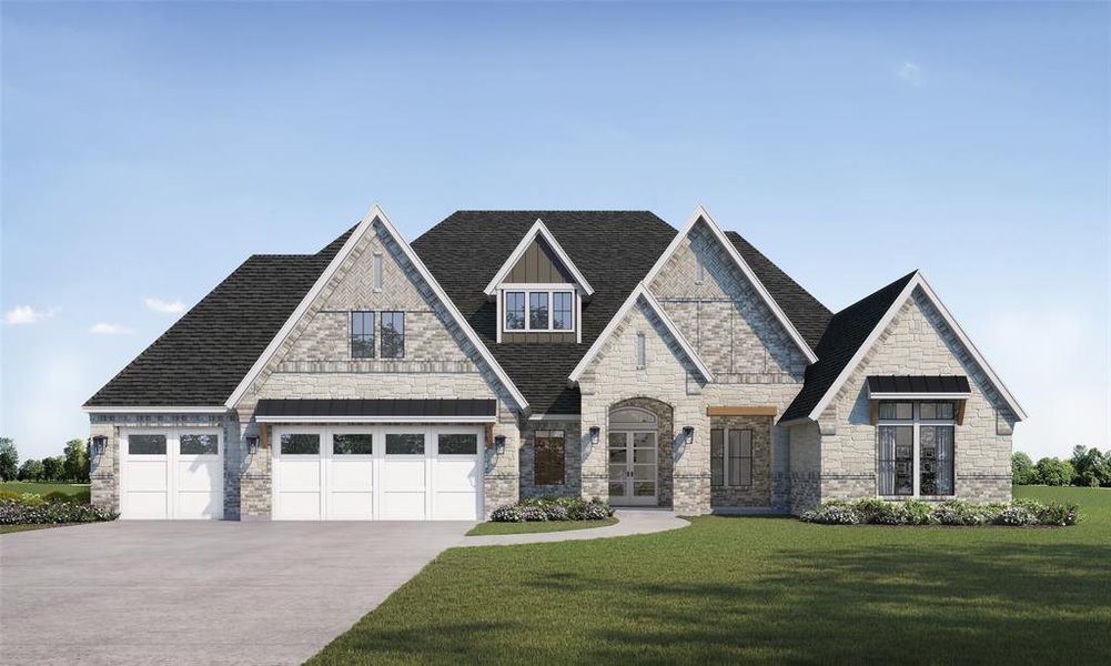 View of front of house with stone siding, driveway, a front lawn, a garage, and roof with shingles View of front of house with stone siding, driveway, a front lawn, a garage, and roof with shingles