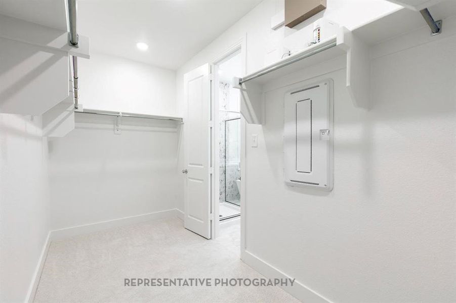Spacious closet with light colored carpet and electric panel