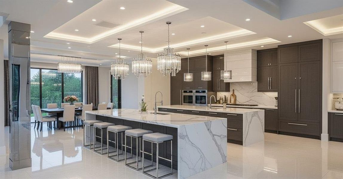 Kitchen with hanging light fixtures, a tray ceiling, a breakfast bar area, light stone countertops, and tasteful backsplash