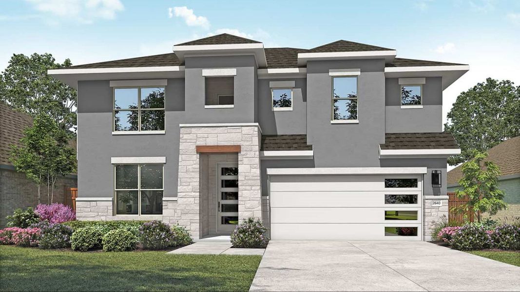 Representative exterior photo of a completed home built from the Magnolia by DRB Homes in Carillon, Manor, TX (Image 8). Representative exterior photo of a completed home built from the Magnolia by DRB Homes in Carillon, Manor, TX (Image 8).