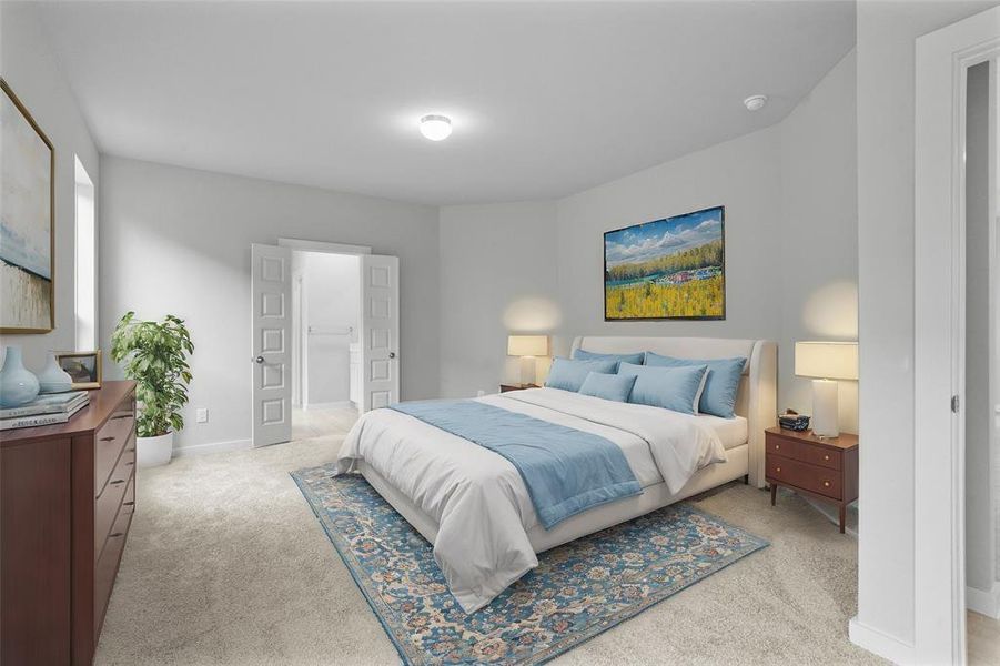 Come and unwind after a long day in this magnificent primary suite! This spacious room features plush carpet, warm paint, high ceilings, lighting, and large windows with privacy blinds!