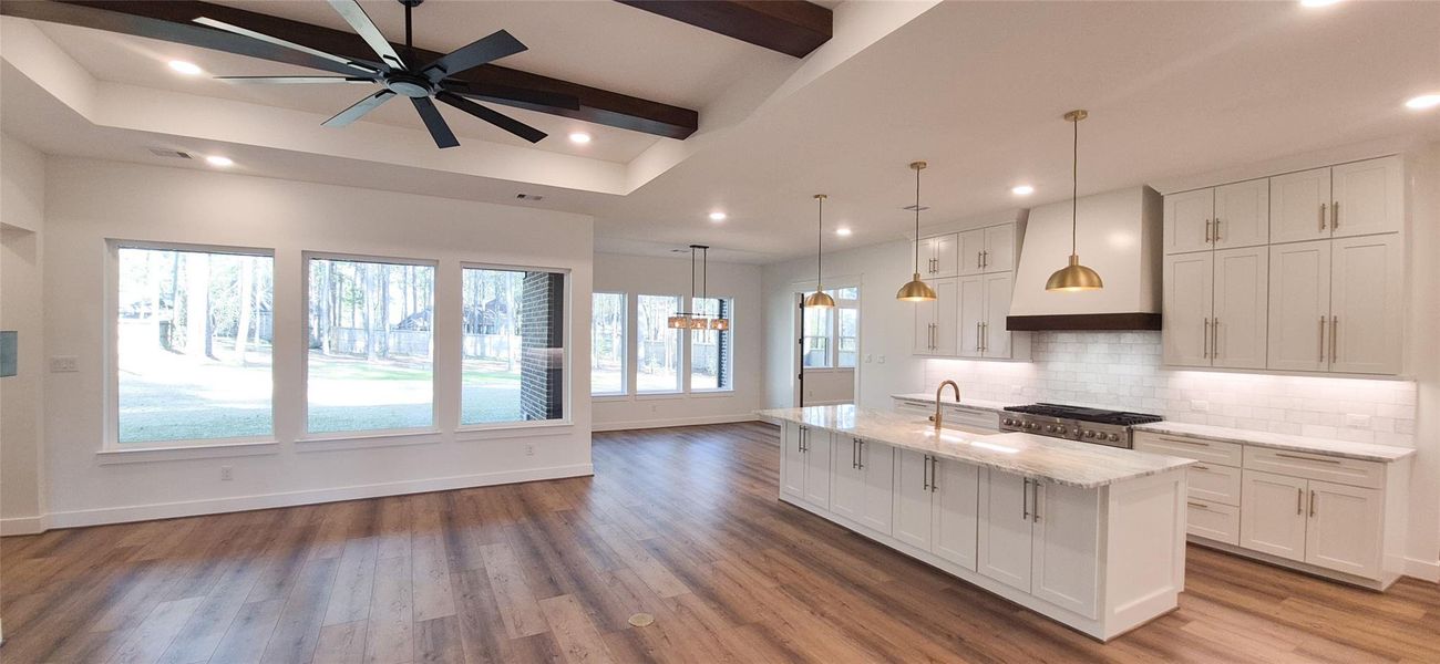 Vew of Large open Floor Plan Living Room, Kitchen and Dining