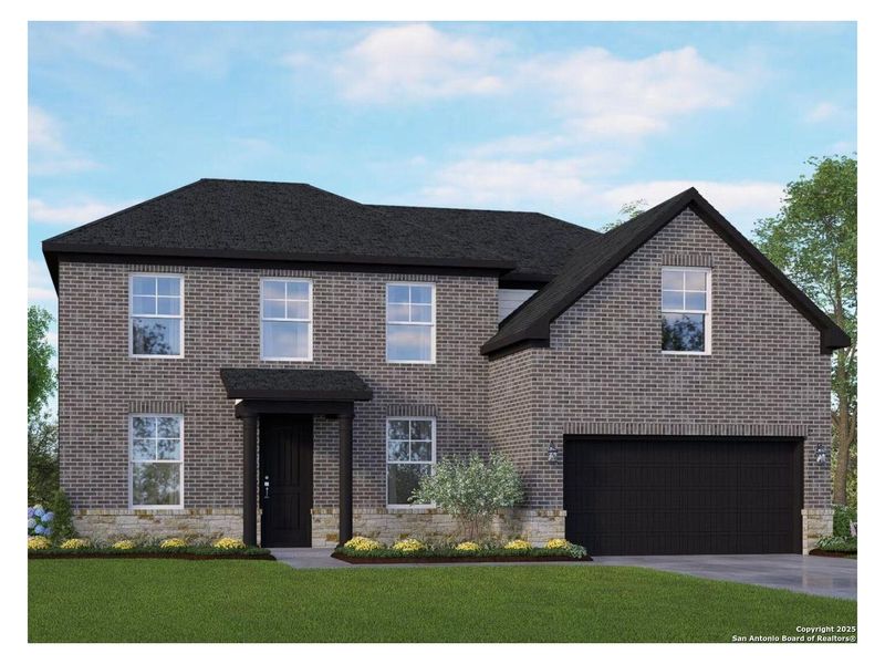 Front exterior of a new home in The Reserve at Potranco Oaks, Castroville, TX, highlighting curb appeal (Image 1).