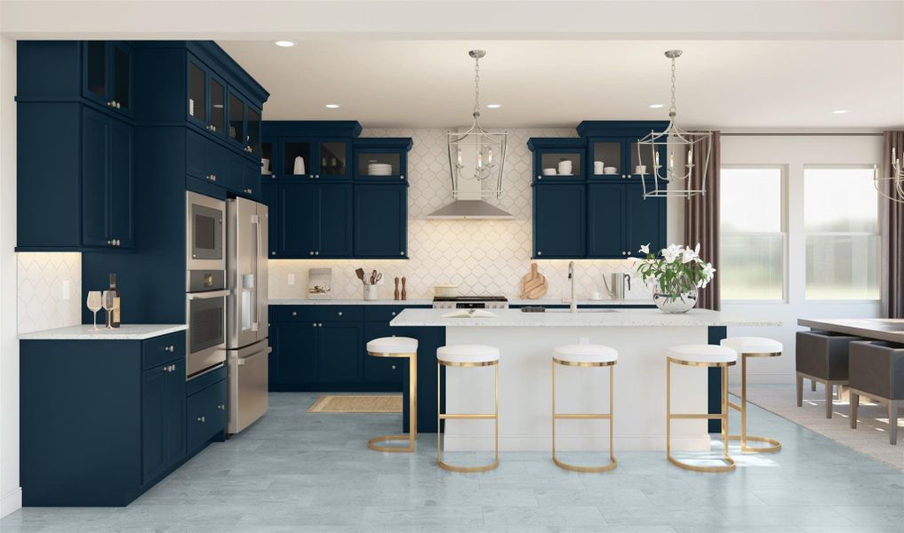 Stunning island kitchen with blue stacked cabinets and quartz counters (*Artist rendering used for illustration purposes only.)