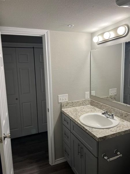 Bathroom with hardwood / wood-style flooring, vanity, and a textured ceiling