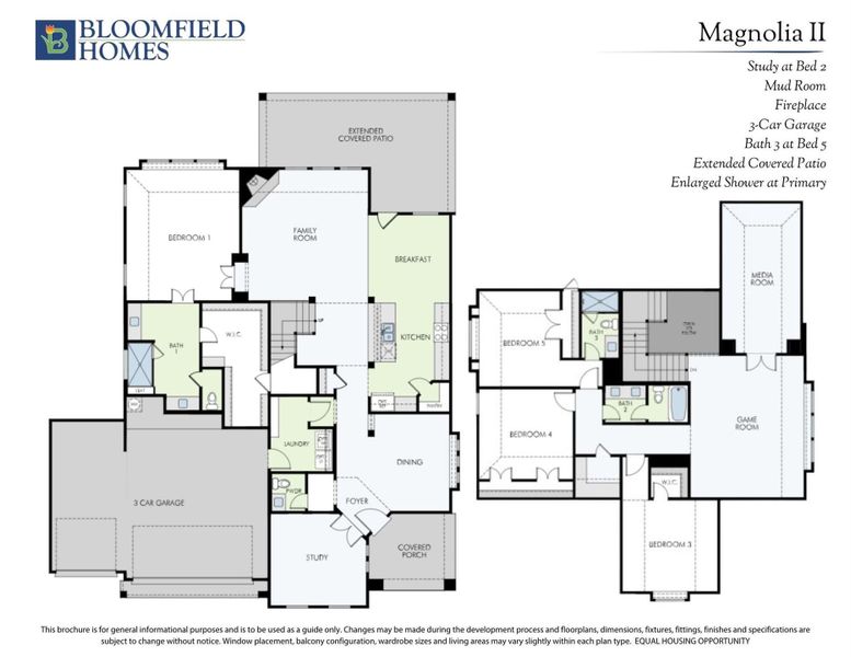 Bloomfield Homes Magnolia II floor plan with 5 bedrooms, 3-car garage, game room, and covered patio on two levels.