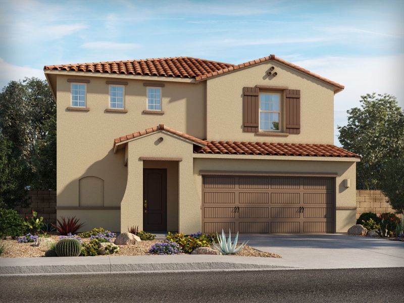 Representative exterior photo of a completed home built from the Utopia by Meritage Homes in La Estancia - Arcadia, Tucson, AZ (Image 6). Representative exterior photo of a completed home built from the Utopia by Meritage Homes in La Estancia - Arcadia, Tucson, AZ (Image 6).