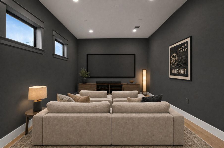 Designed with movie nights in mind, this spacious bonus room comes projector ready to deliver the ultimate home theater experience, with three windows letting in plenty of natural light. It could also become a play room for the kids or a home gym, adapting easily to whatever your family needs, and a connecting bathroom adds everyday convenience. This space has been virtually staged.