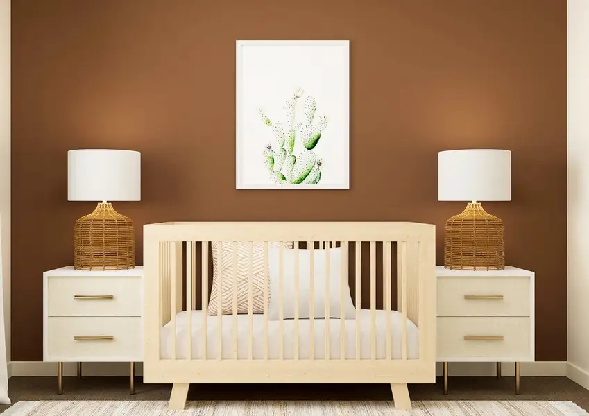 Rendering of a bedroom furnished with a baby crib and two side tables. Rendering of a bedroom furnished with a baby crib and two side tables.