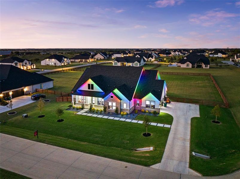 Aerial view at dusk of a residential view