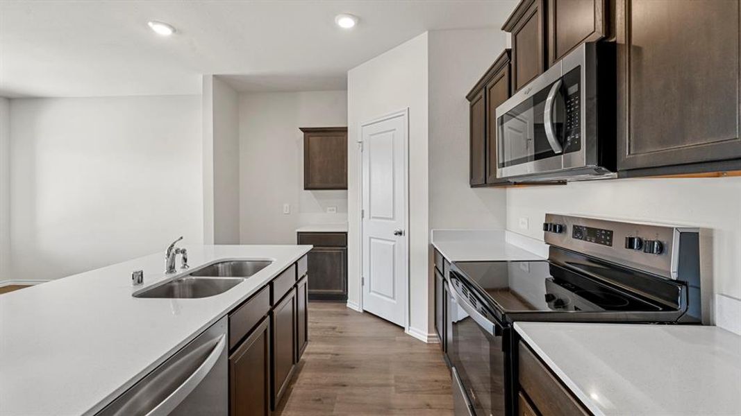 Modern kitchen featuring white countertops, dark wood cabinetry, stainless steel appliances, and wood-finish flooring
