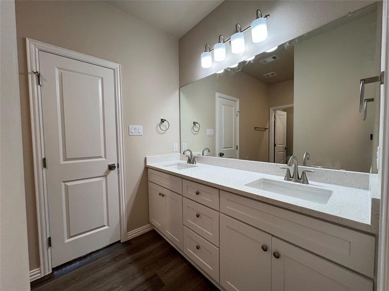 Bathroom with vanity and wood-type flooring