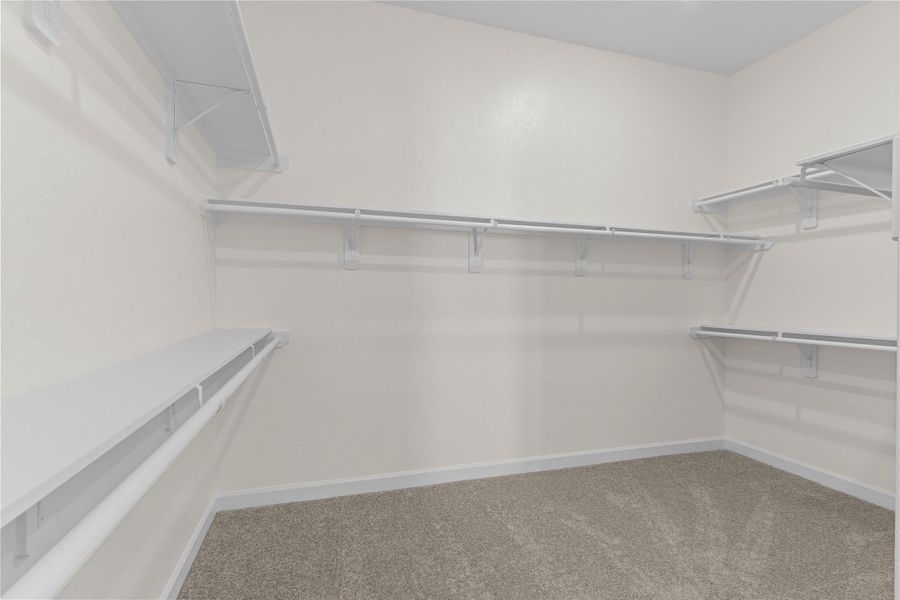 The large walk in closet offers abundant shelving and hanging space, providing excellent organization and storage, a wonderful feature that adds both convenience and everyday luxury to the primary suite.