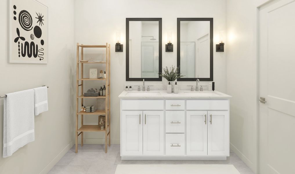 Primary bath with freestanding vanity