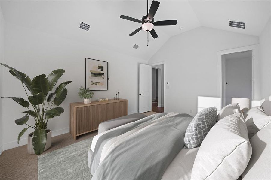 Carpeted bedroom with ceiling fan and high vaulted ceiling Carpeted bedroom with ceiling fan and high vaulted ceiling