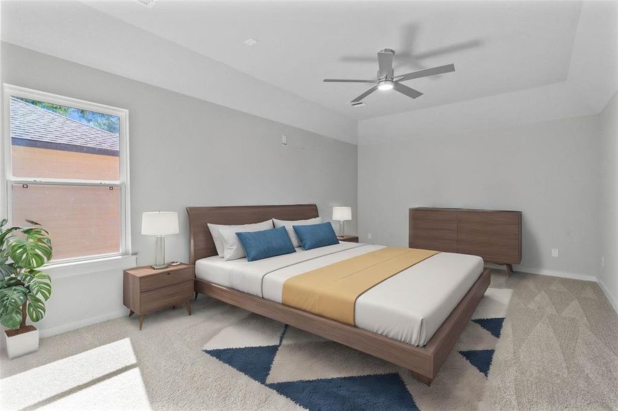 Secondary bedroom features plush carpet, custom paint, ceiling fan with lighting and a large window with privacy blinds.