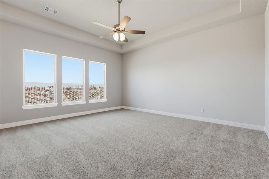 Unfurnished room featuring a raised ceiling, light colored carpet, and a ceiling fan Unfurnished room featuring a raised ceiling, light colored carpet, and a ceiling fan