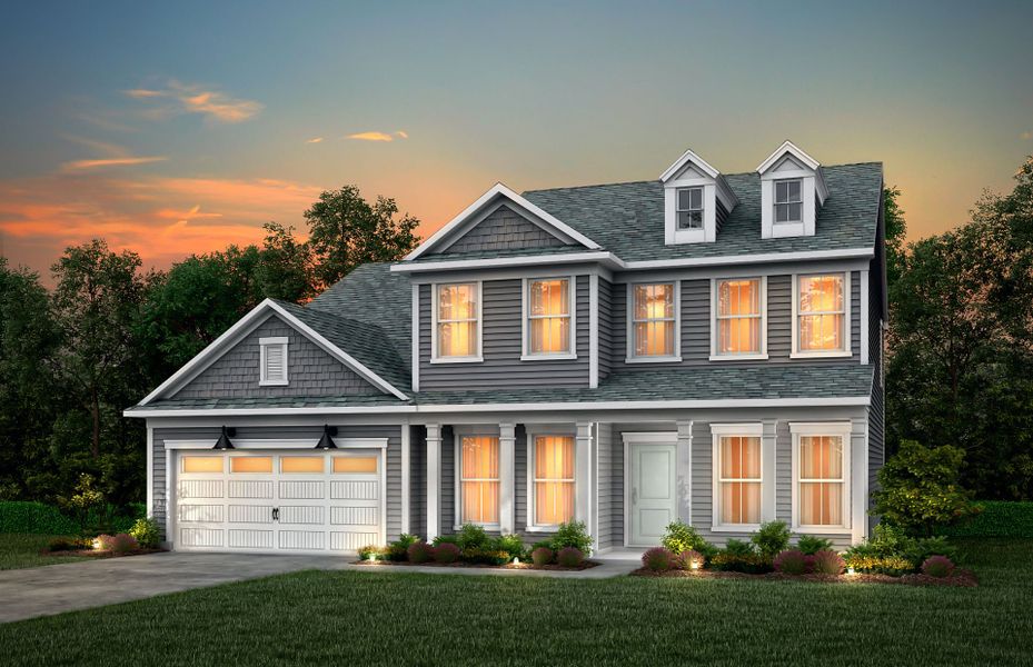 Riverton Exterior 54 features siding, shakes, large covered front sitting porch and 2 car garage