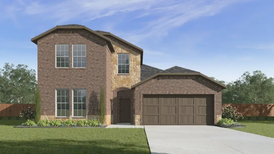 Front exterior of a new home in Prairie Oaks, Oak Point, TX, highlighting curb appeal (Image 1). Front exterior of a new home in Prairie Oaks, Oak Point, TX, highlighting curb appeal (Image 1).