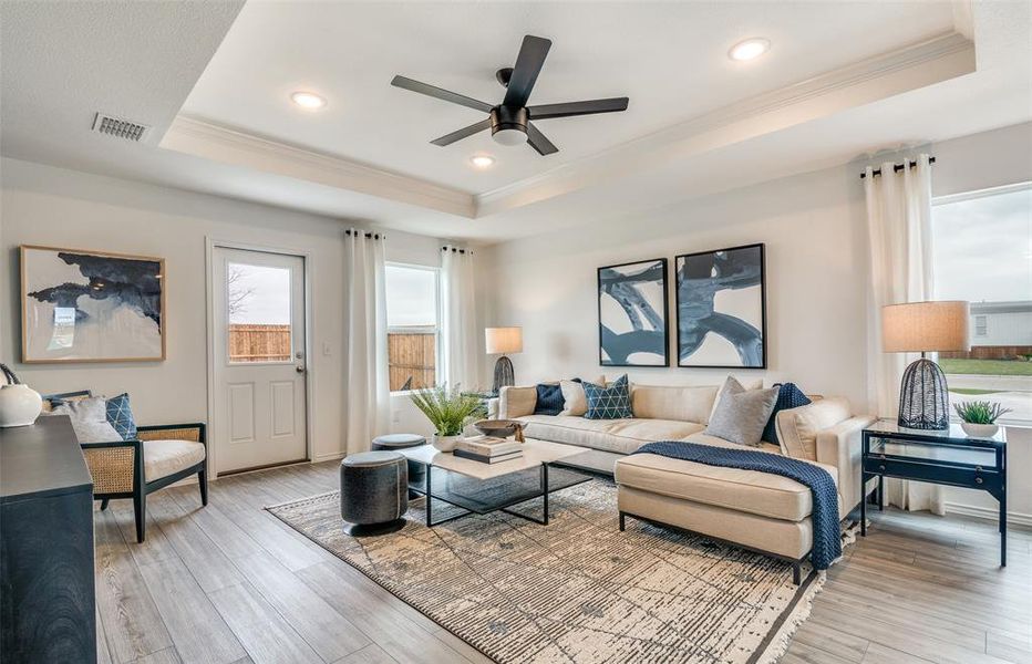 Spacious gathering room with large windows