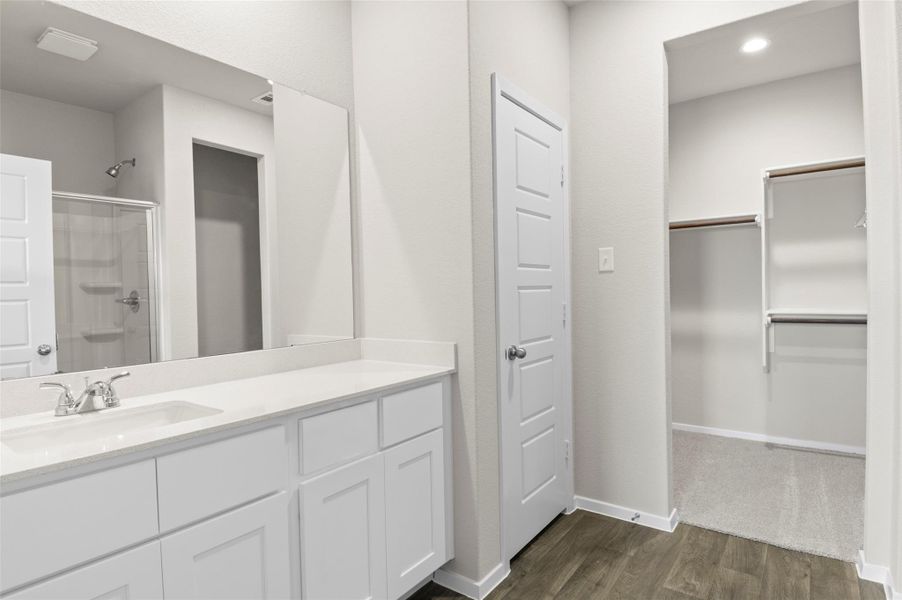 Bathroom featuring a shower stall, wood finished floors, vanity, and a spacious closet Bathroom featuring a shower stall, wood finished floors, vanity, and a spacious closet