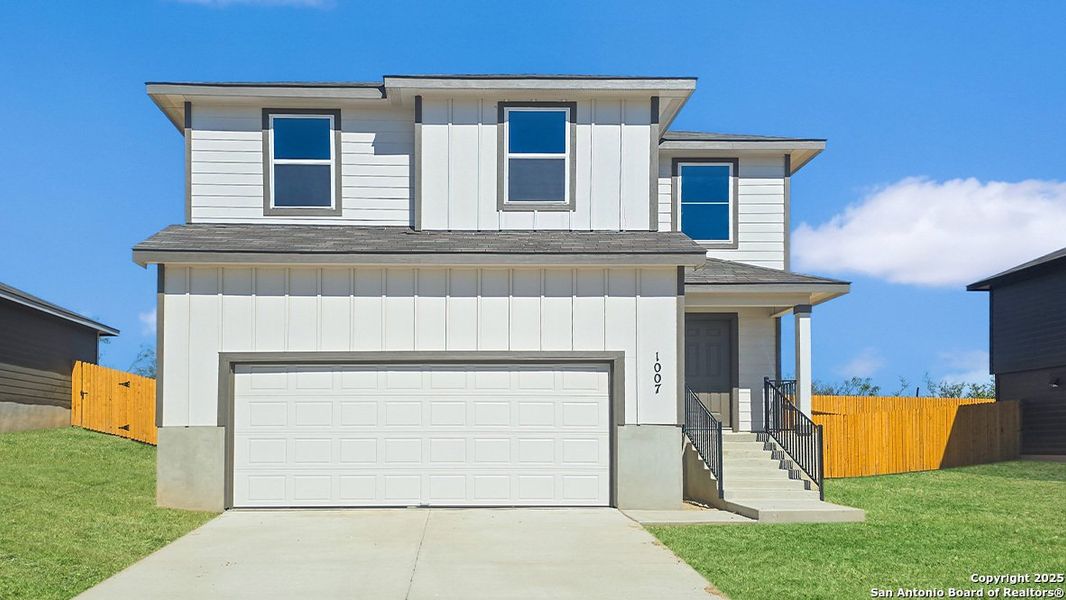 Front exterior of a new home in Lucero, San Antonio, TX, highlighting curb appeal (Image 1).