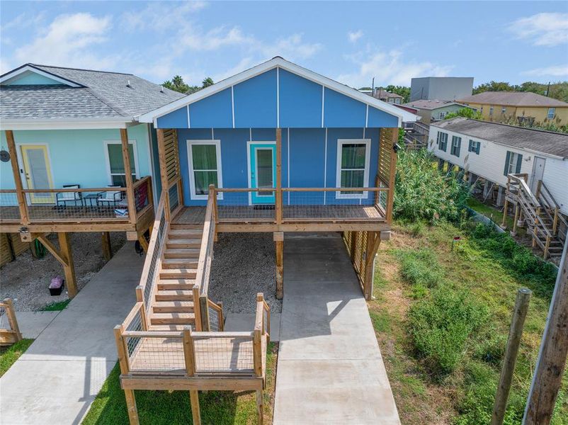 This is a drone view  of the front of the house.