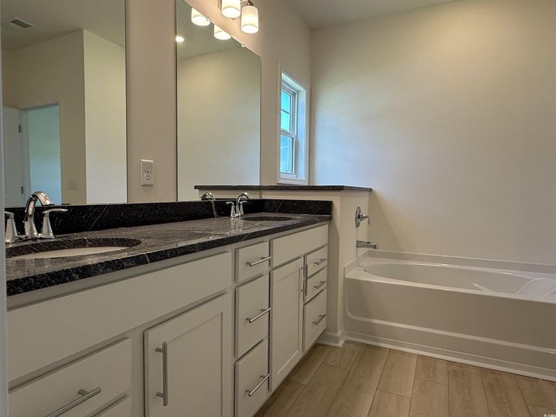 Full bathroom featuring double vanity, wood finished floors, and a garden tub Full bathroom featuring double vanity, wood finished floors, and a garden tub