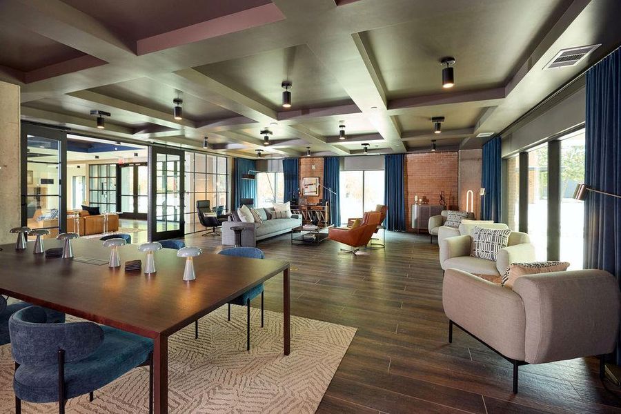 Common area with coffered ceiling