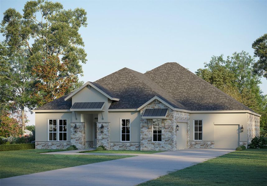View of front of property with concrete driveway, stucco siding, stone siding, a front yard, and a garage View of front of property with concrete driveway, stucco siding, stone siding, a front yard, and a garage