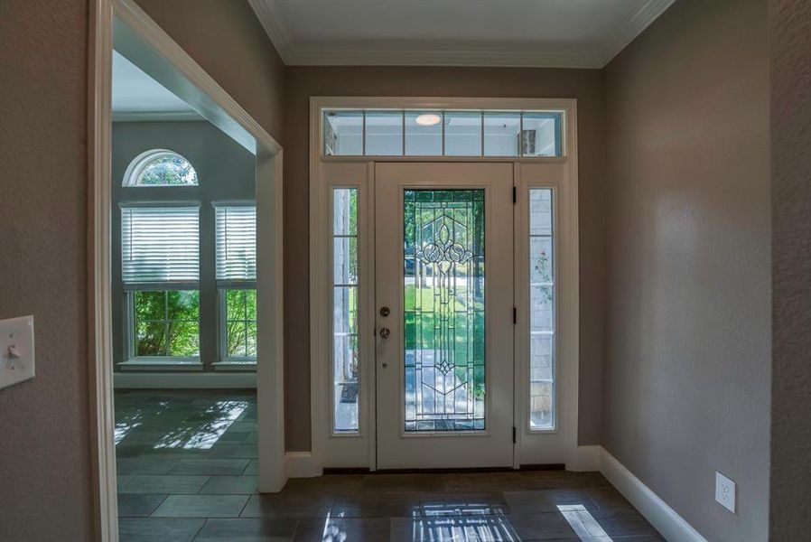 Foyer featuring crown molding and a healthy amount of sunlight double sidelights and tasteful transom