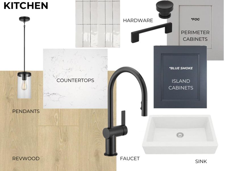 Kitchen Design Board. Displaying material and finish selections for the property's kitchen Kitchen Design Board. Displaying material and finish selections for the property's kitchen