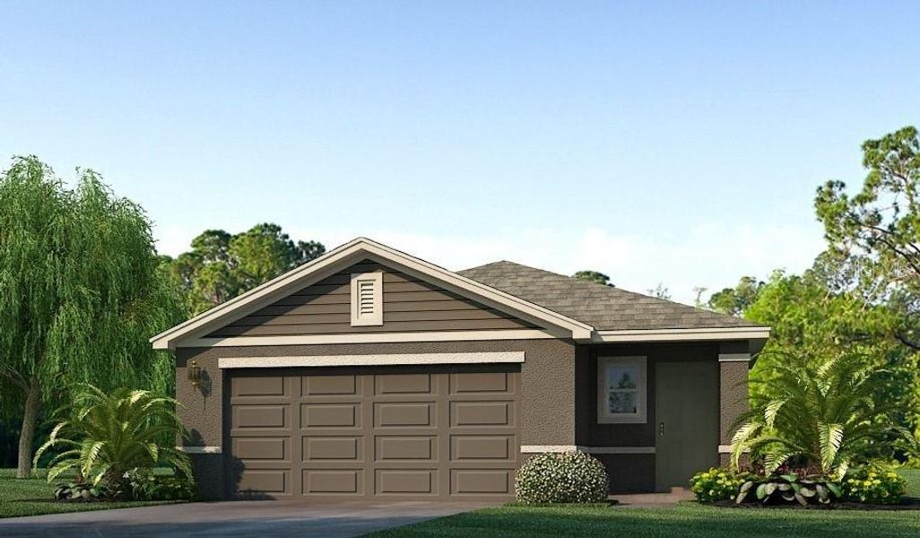 Front exterior of a new home in Bella Lago, Parrish, FL, highlighting curb appeal (Image 1). Front exterior of a new home in Bella Lago, Parrish, FL, highlighting curb appeal (Image 1).