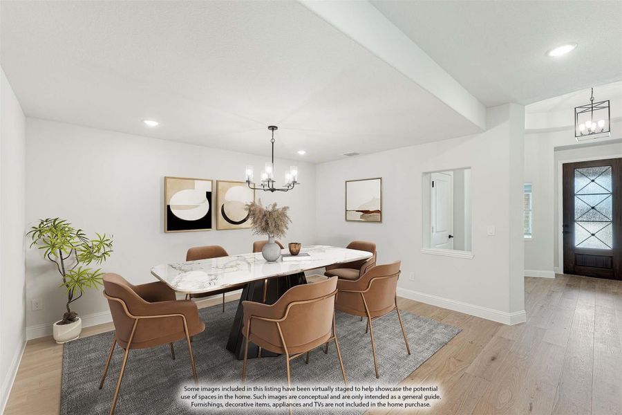 Dining room with marble table, six tan chairs, chandelier, and light hardwood floors