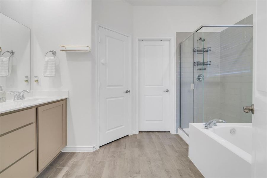 Bathroom with plus walk in shower, vanity, and hardwood / wood-style flooring