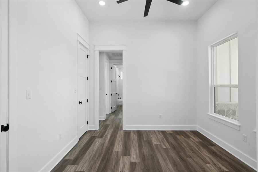 Office/ Dining featuring a ceiling fan, dark wood-type flooring, and recessed lighting