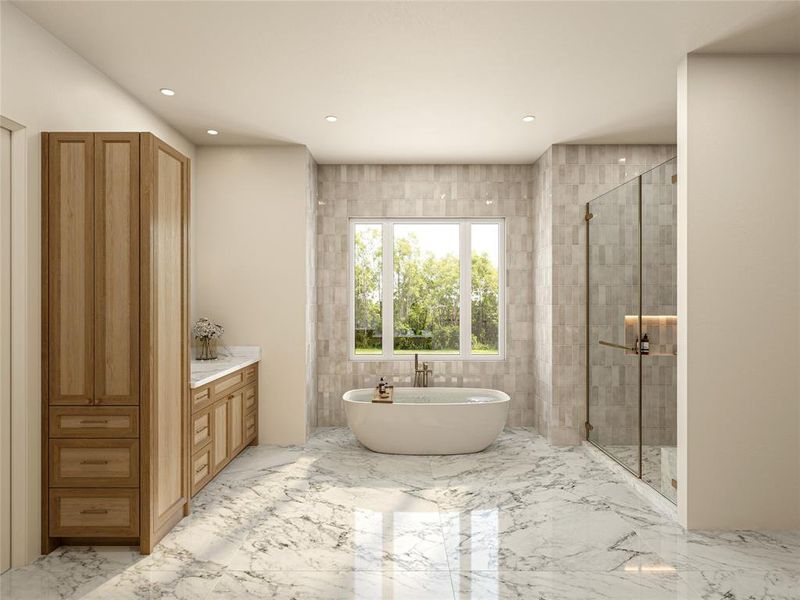 Spacious bathroom featuring marble-finish flooring and a standalone soaking tub