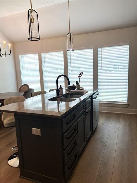 Kitchen with a sink, stainless steel dishwasher, a kitchen island with sink, wood finished floors, and pendant lighting Kitchen with a sink, stainless steel dishwasher, a kitchen island with sink, wood finished floors, and pendant lighting